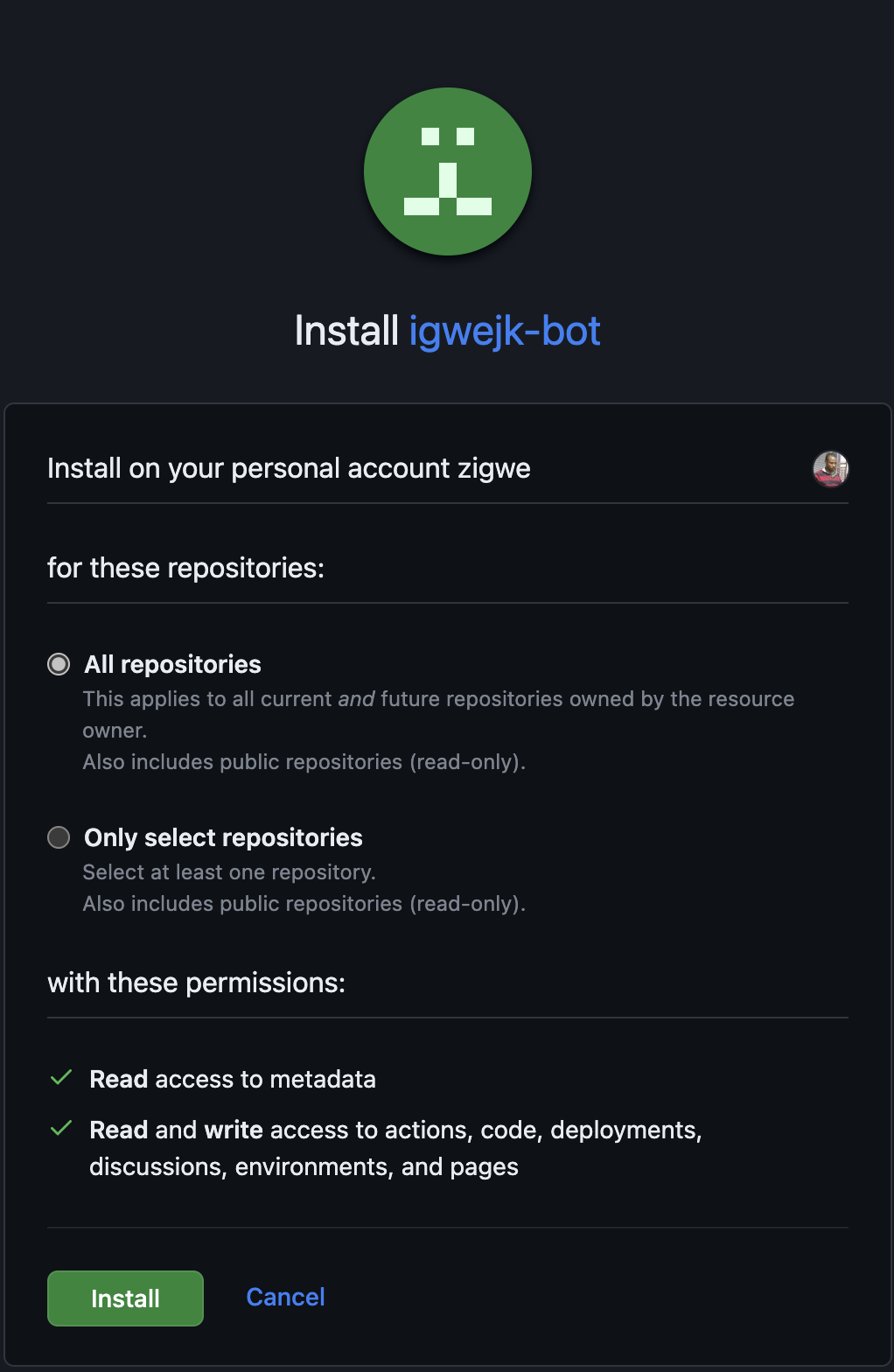 Mostrar seleção de repositório e instalação