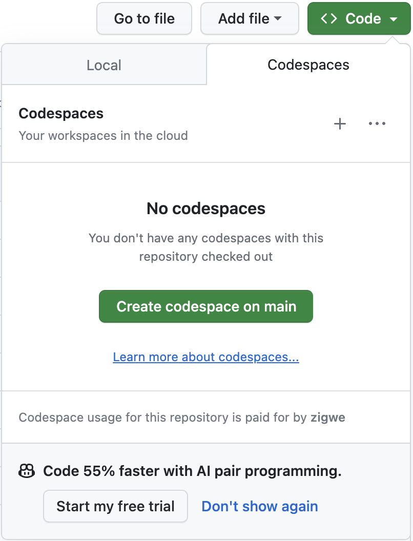 Criar um novo GitHub Codespaces