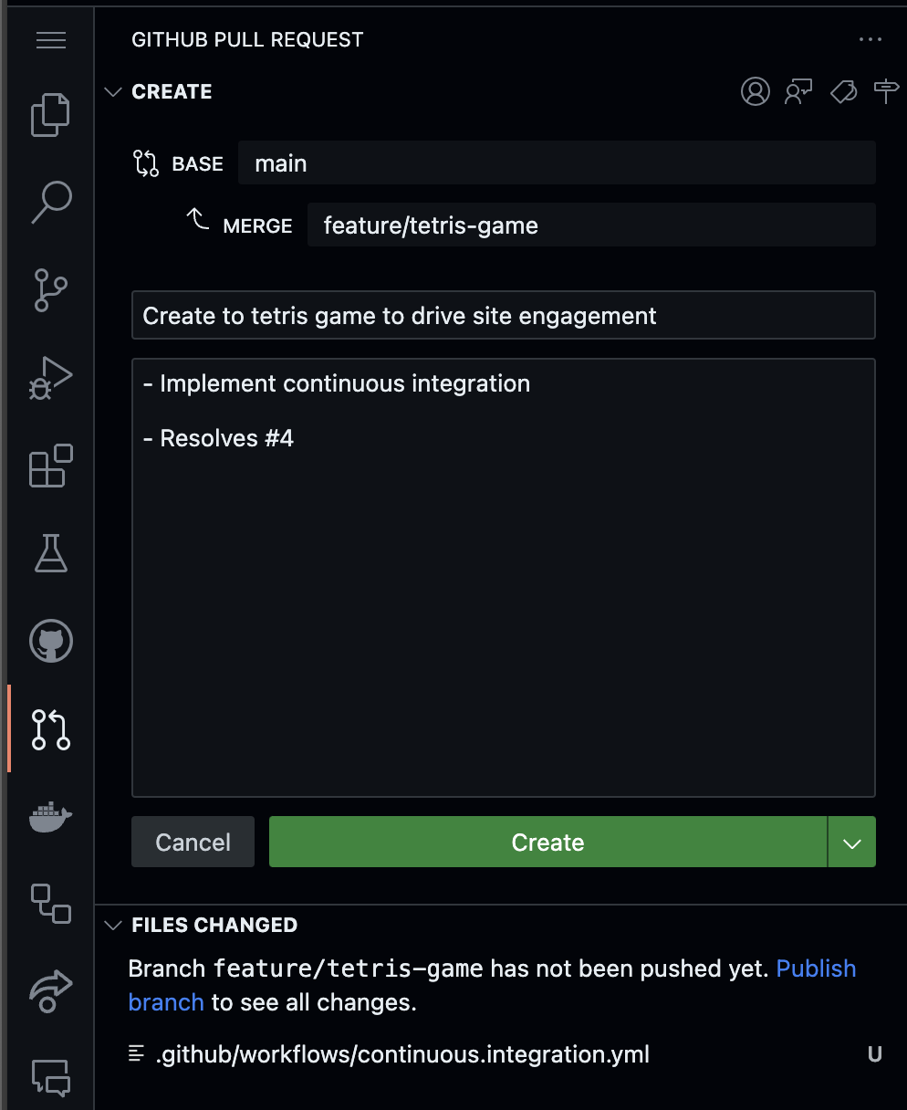 Formulário de pull request do GitHub em um Codespace