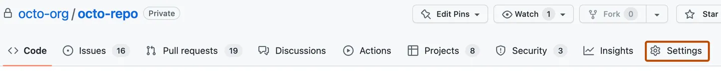 Aba de configurações do repositório