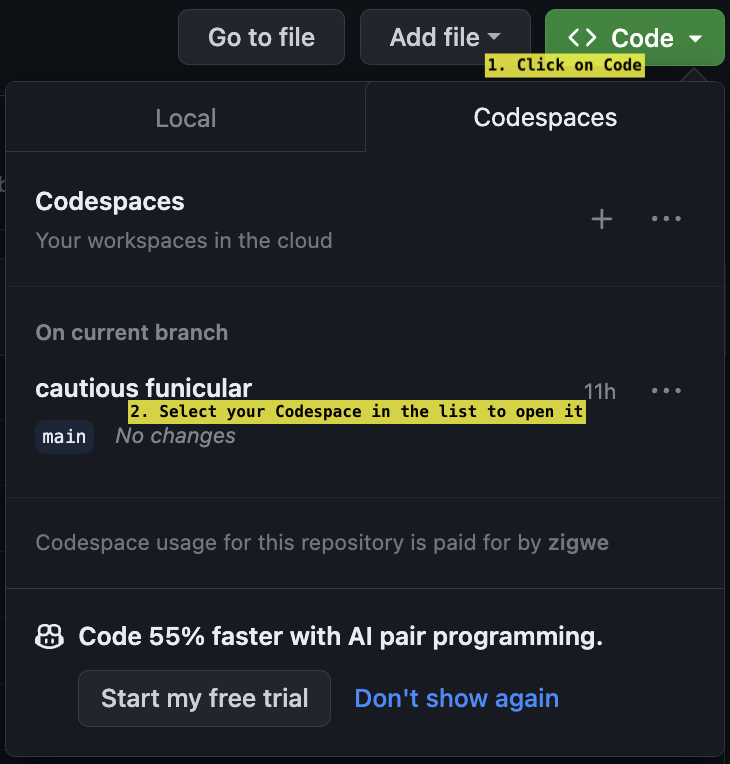 Menu suspenso mostrando opção para retomar o Codespace na página inicial do repositório